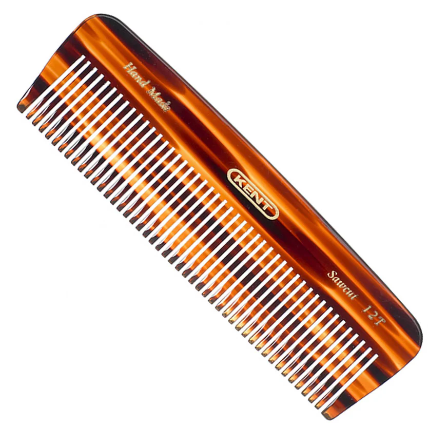 Our Handmade 139mm all coarse pocket comb is made from large sheets of Cellulose Acetate rather than being moulded. This material is tactile, flexible and strong. Our Kent combs have rounded teeth that ensure a smooth and comfortable action that glides effortlessly through the hair without scratching or damaging the hair or scalp. Suitable to use for wet or dry thick hair. Dimensions and Product Detail Overall length 139mm Overall Width 42mm Teeth Length 26mm Please note there will be a small level of tolerance within these dimensions.